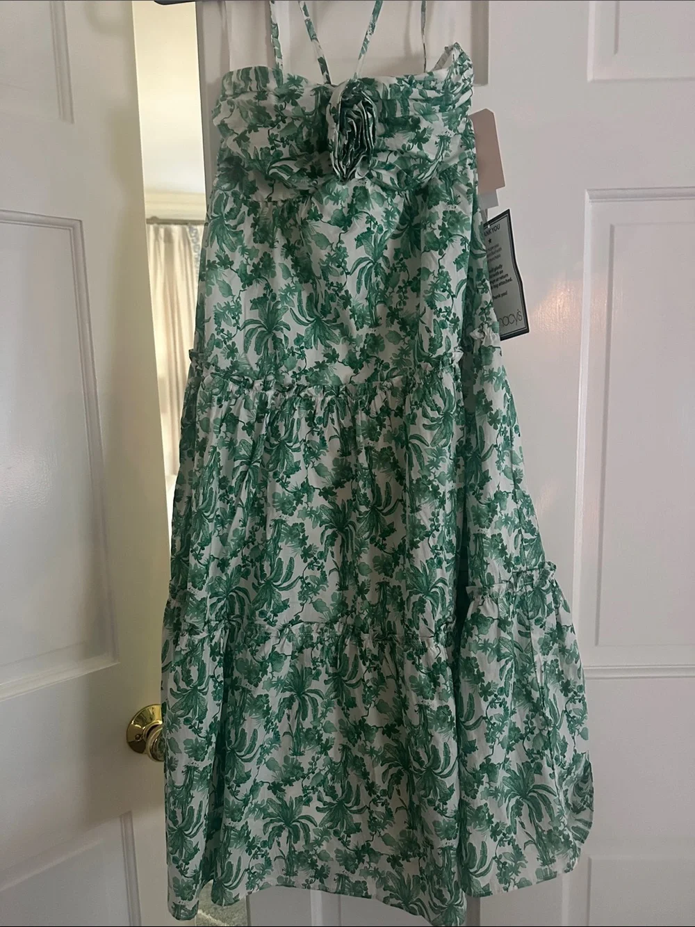 Macy's Green and White Floral Draped Accent Fabric Panel dress